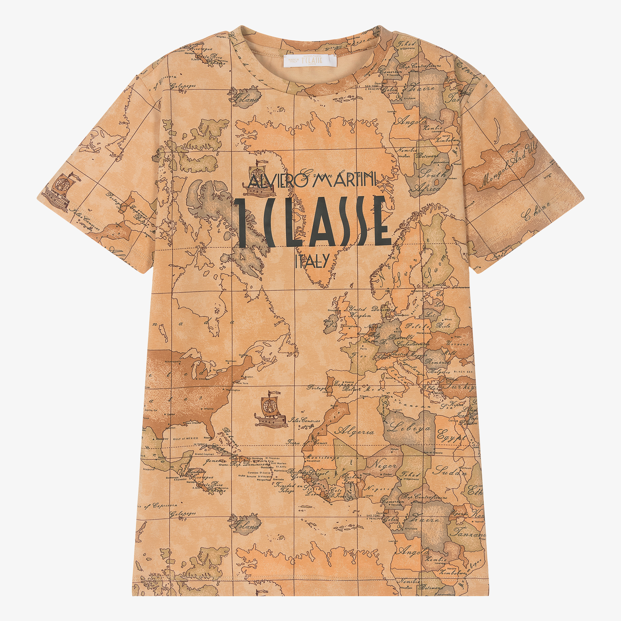 Alviero Martini Teen Boys Dark Beige Geo Map Cotton T-Shirt