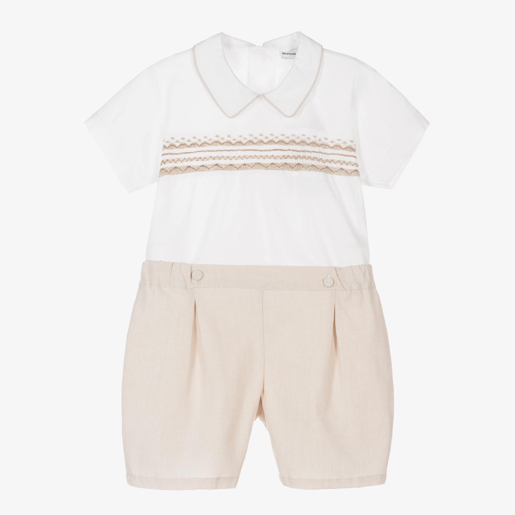 Beatrice & George - Boys White Cotton Buster Suit | Childrensalon