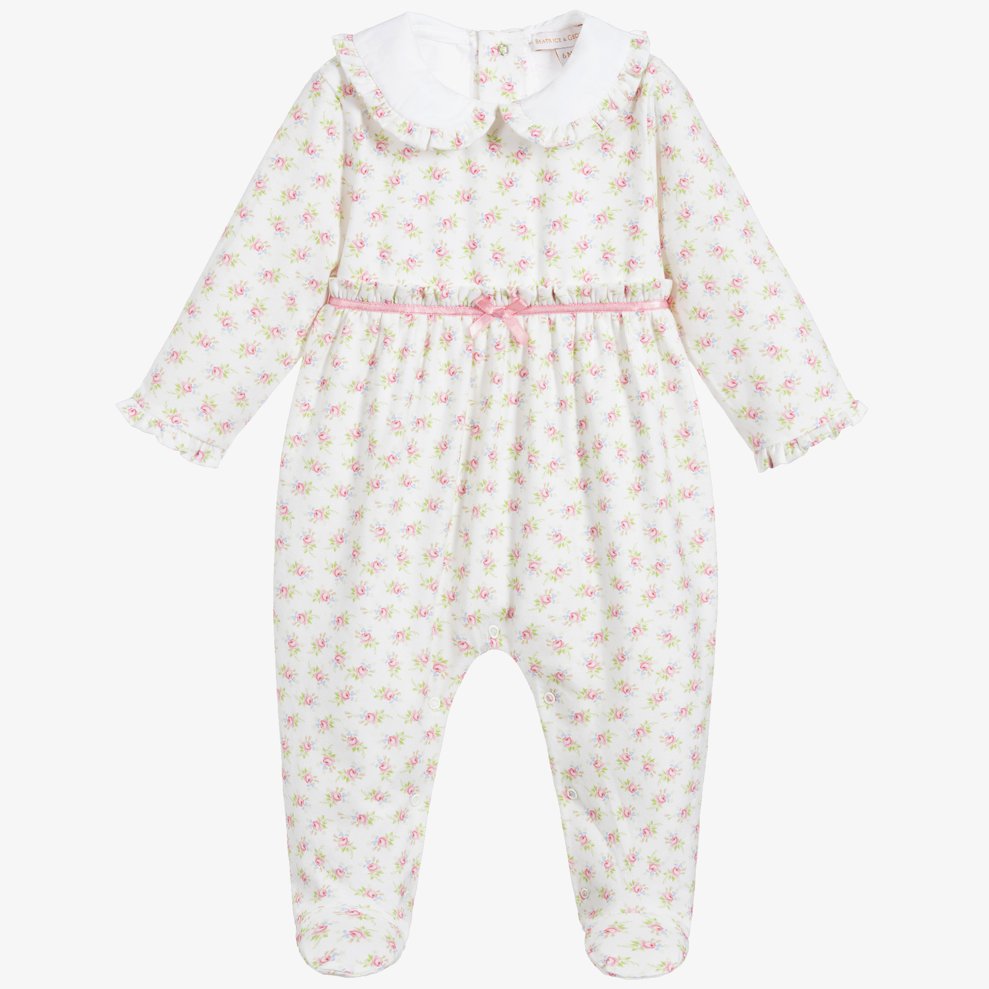 Beatrice & George - White Velour Babygrow | Childrensalon