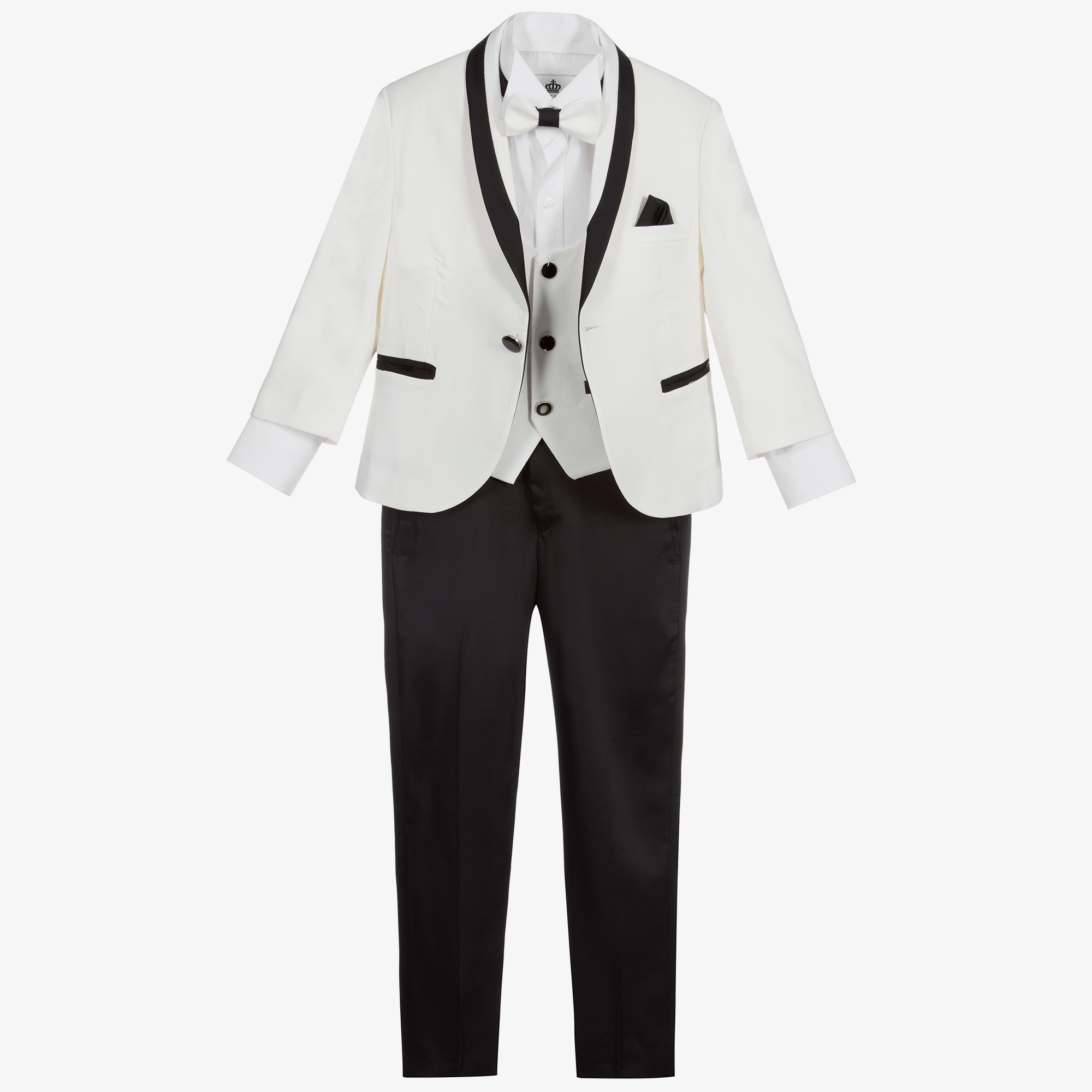 white suit with black trim