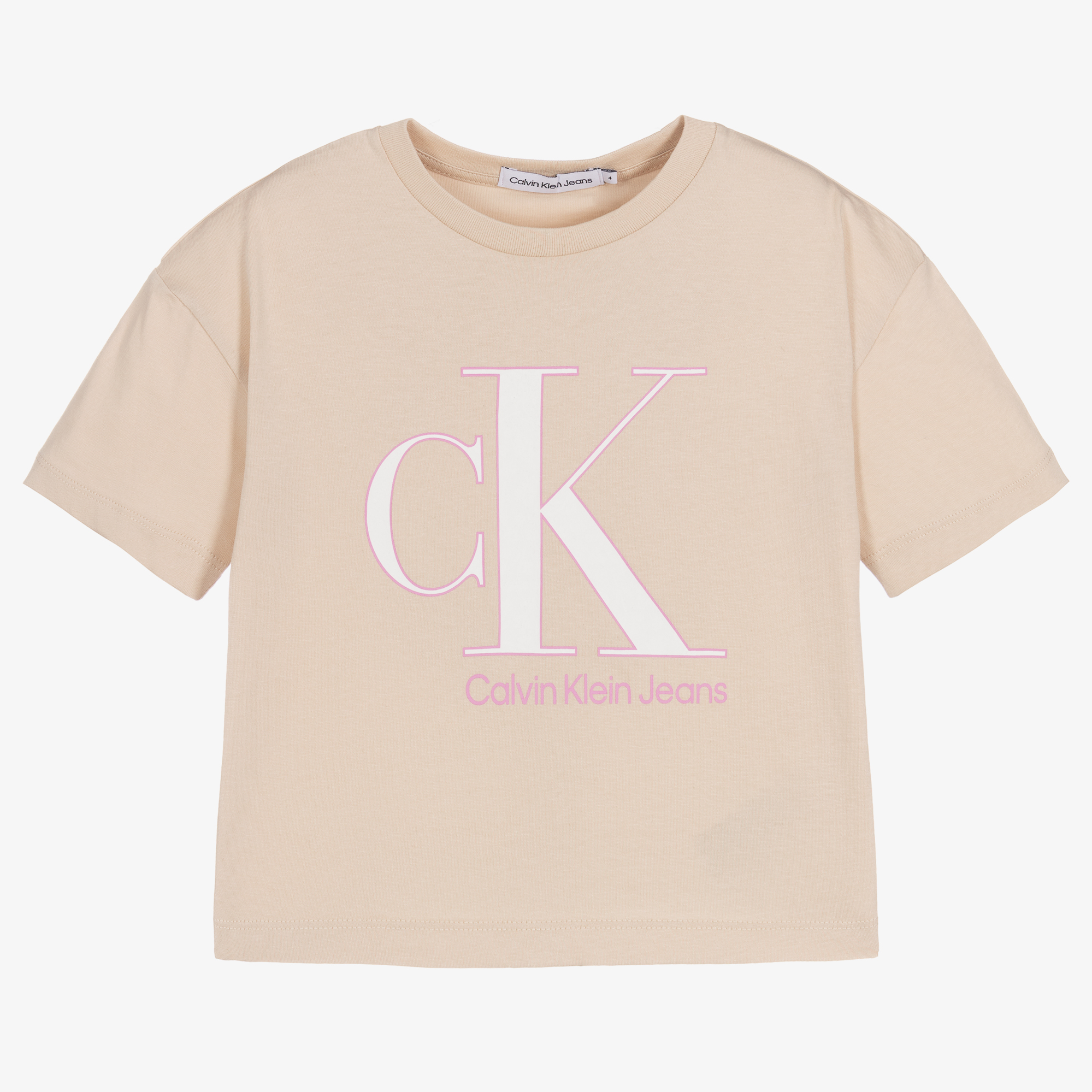 Calvin Klein Jeans - Girls Beige Cotton Logo T-Shirt | Childrensalon