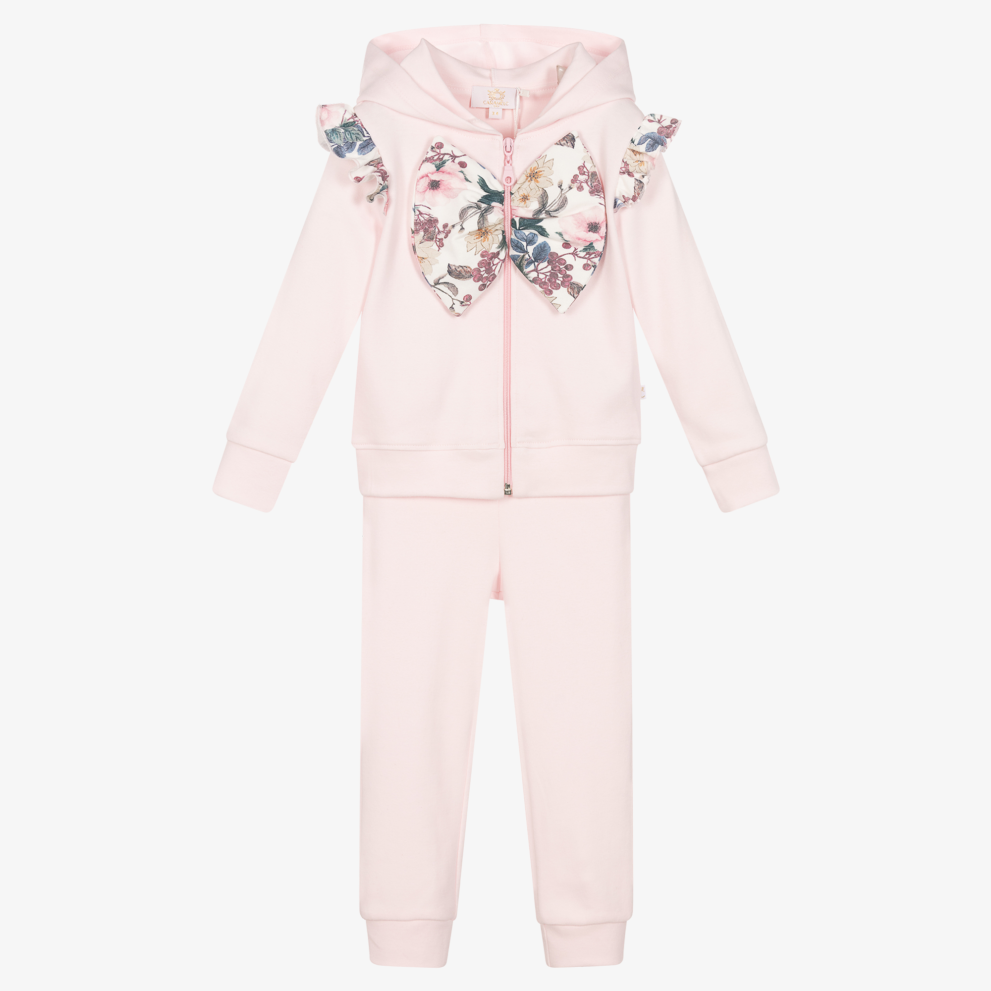 Caramelo Kids Girls Pink Cotton Floral Bow Tracksuit