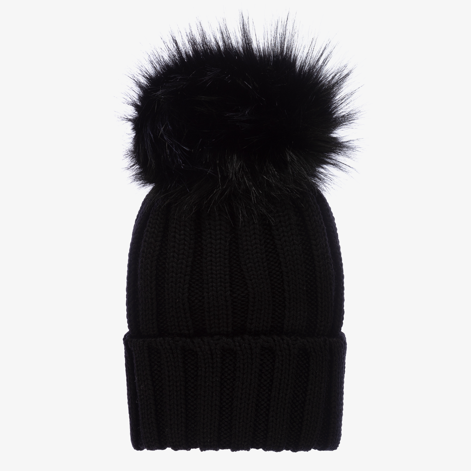 Catya Black Wool Knit Hat With Double White & Black Pom-Poms