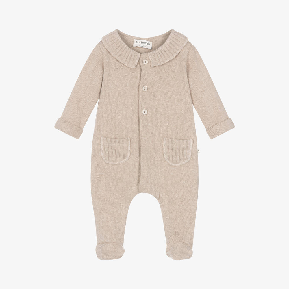 1 + in the family - Beige Cotton Knit Babygrow | Childrensalon