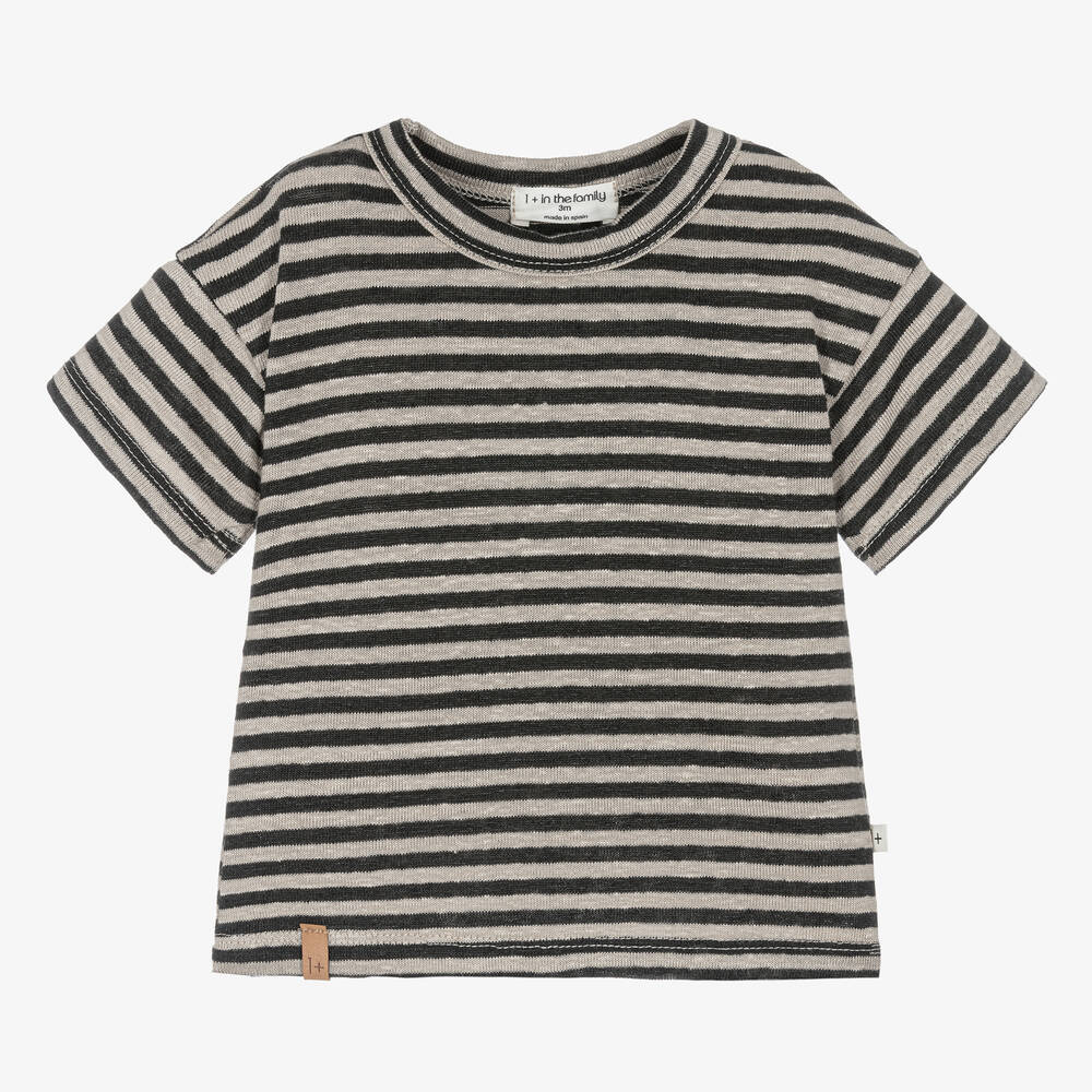 1 + in the family - Boys Beige & Black Stripe Linen T-Shirt | Childrensalon