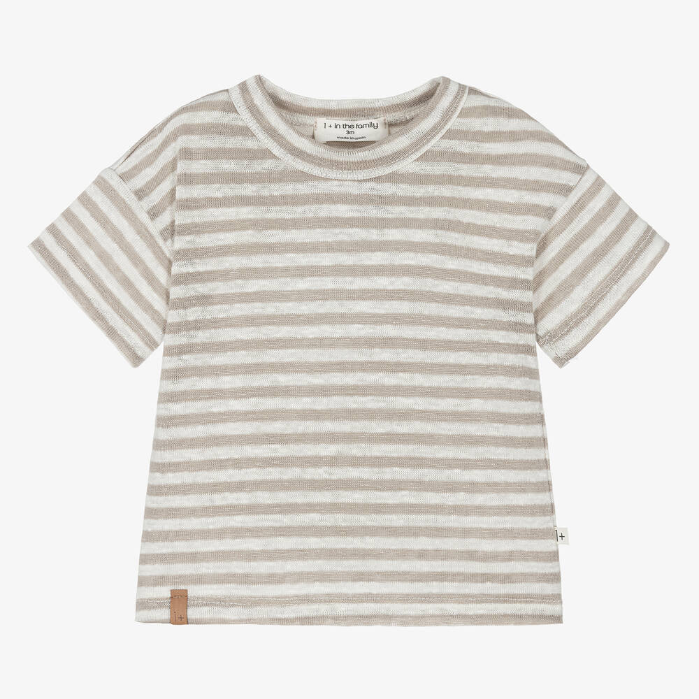 1 + in the family - Boys Beige & Ivory Stripe Linen T-Shirt | Childrensalon