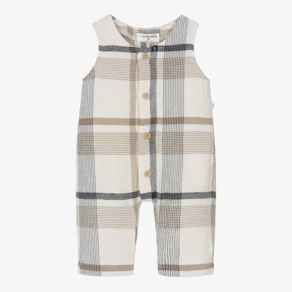 1 + in the family - Boys Ivory Cotton Check Dungarees | Childrensalon