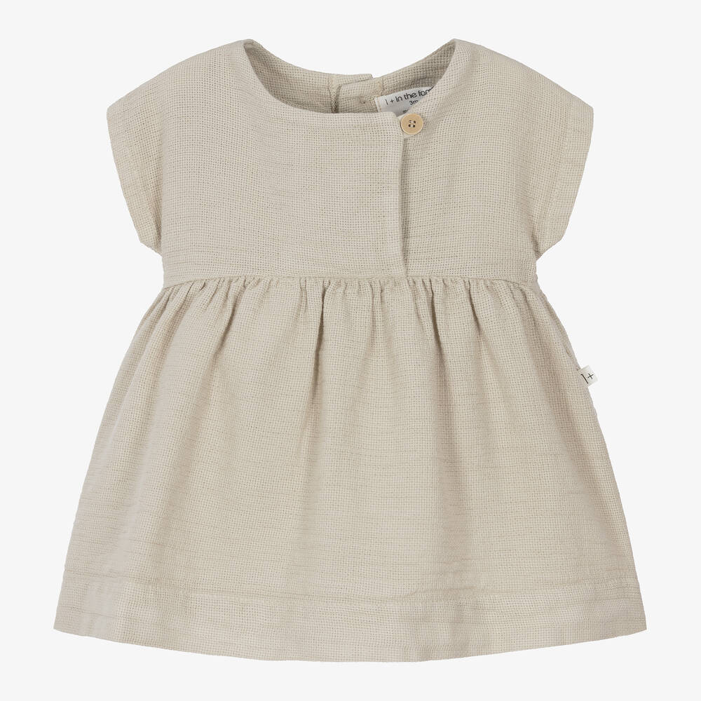 1 + in the family - Girls Beige Cotton Dress | Childrensalon