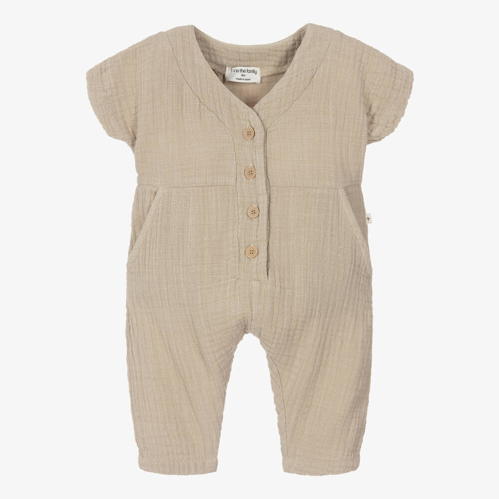 1 + in the family - Girls Taupe Beige Cotton Jumpsuit | Childrensalon