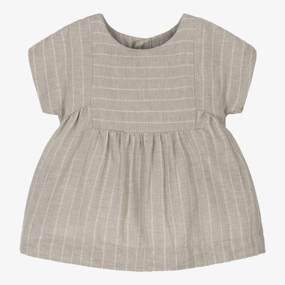 1 + in the family - Girls Taupe Beige Cotton Stripe Dress | Childrensalon