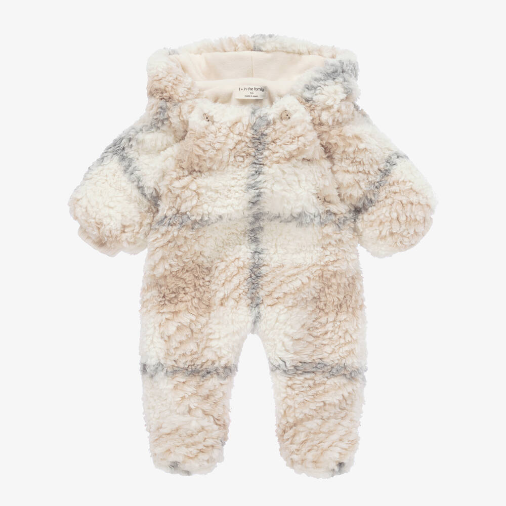 1 + in the family - Ivory Check Sherpa Fleece Pramsuit | Childrensalon