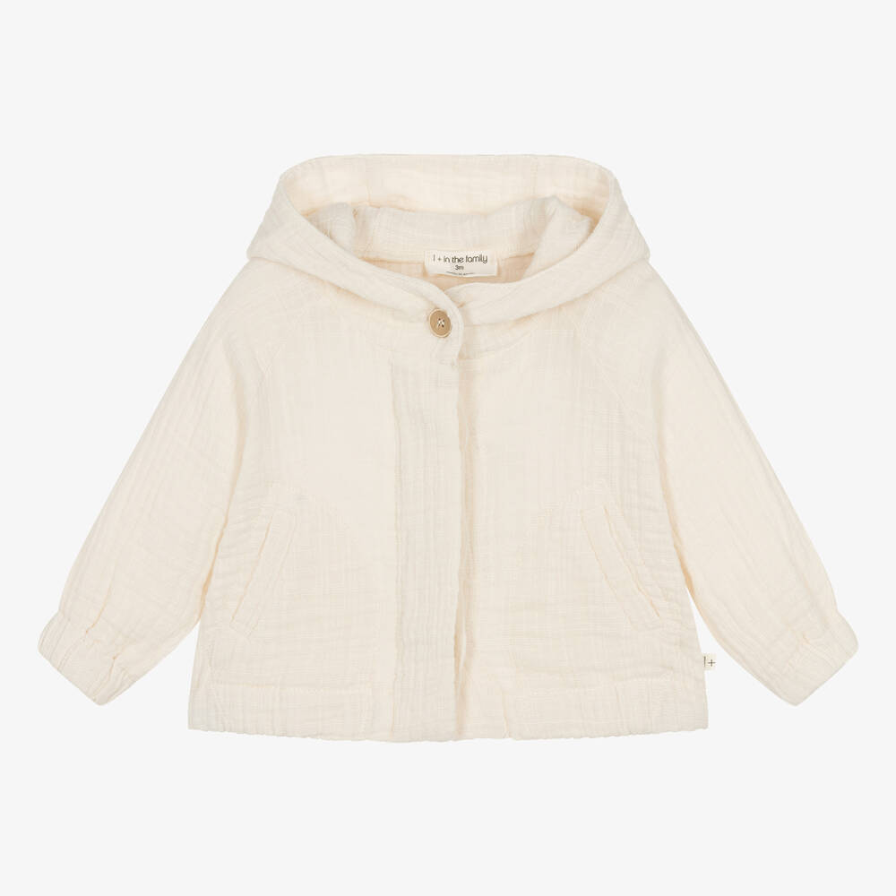 1 + in the family - Ivory Cotton Cheesecloth Hooded Jacket | Childrensalon