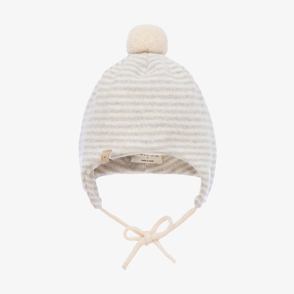 1 + in the family - Ivory & Grey Cotton Knit Bobble Hat | Childrensalon