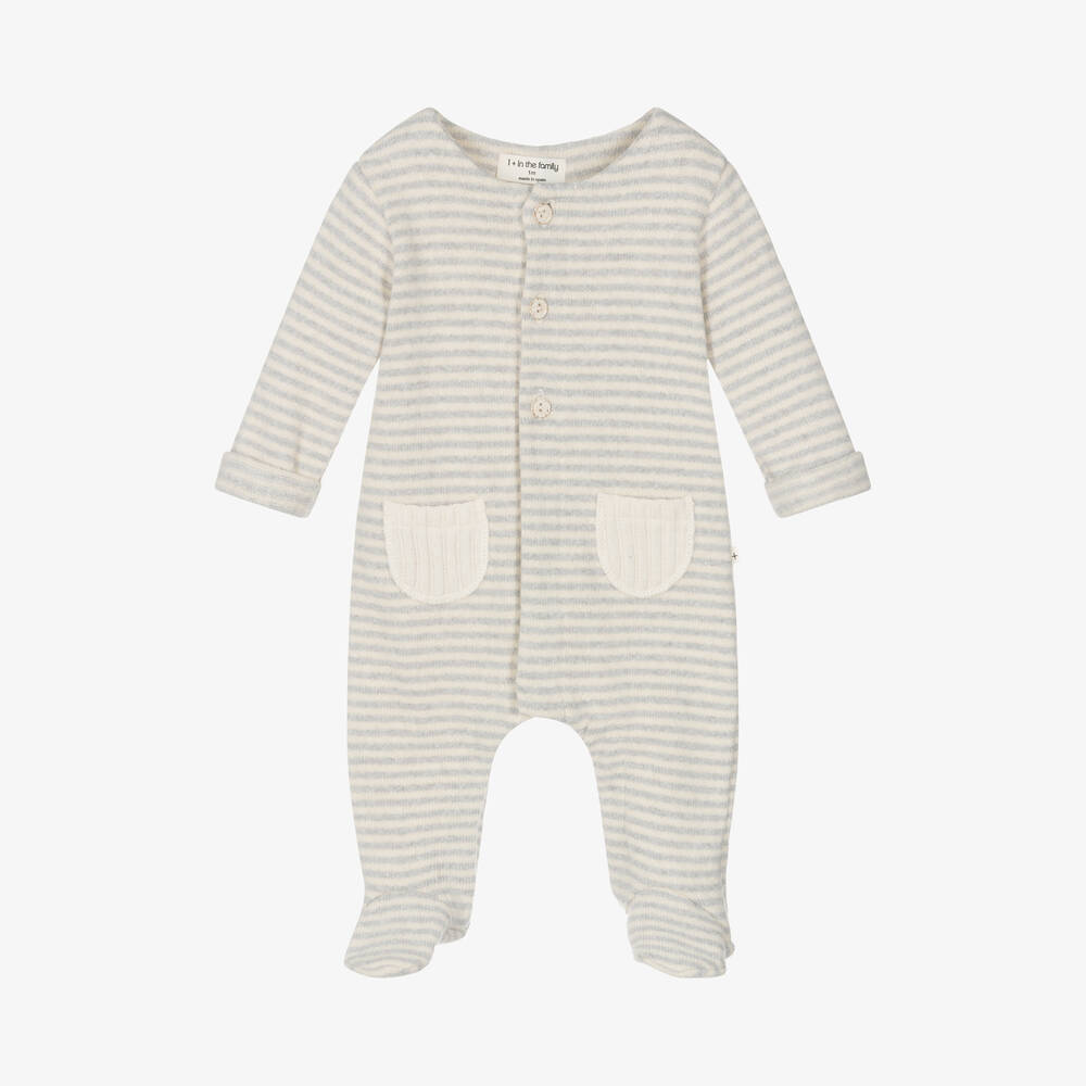 1 + in the family - Ivory & Grey Stripe Cotton Knit Babygrow | Childrensalon