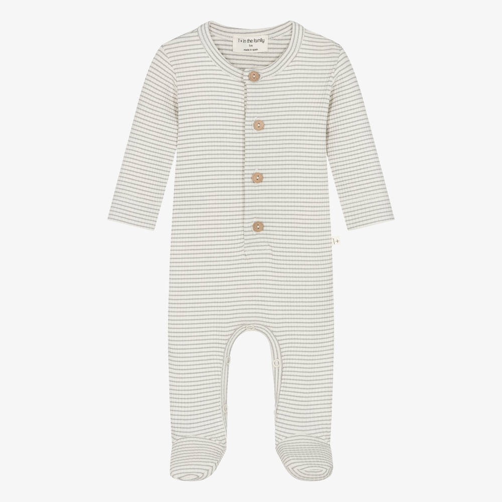 1 + in the family - Ivory & Grey Striped Cotton Babygrow | Childrensalon