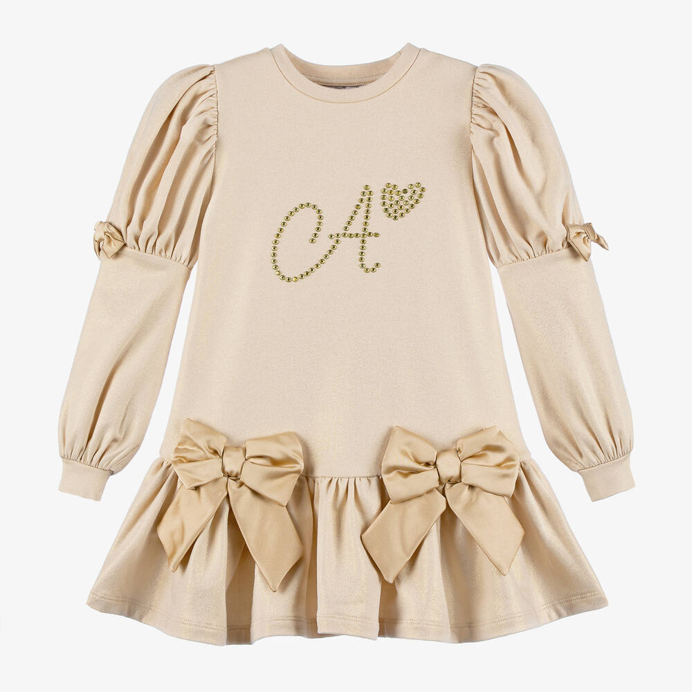 A Dee - Girls Beige Cotton Bow Dress | Childrensalon