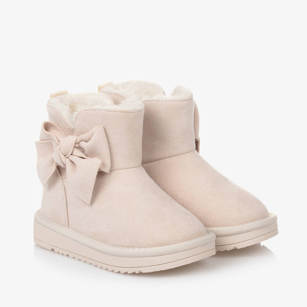 A Dee - Girls Beige Faux Suede Bow Boots | Childrensalon