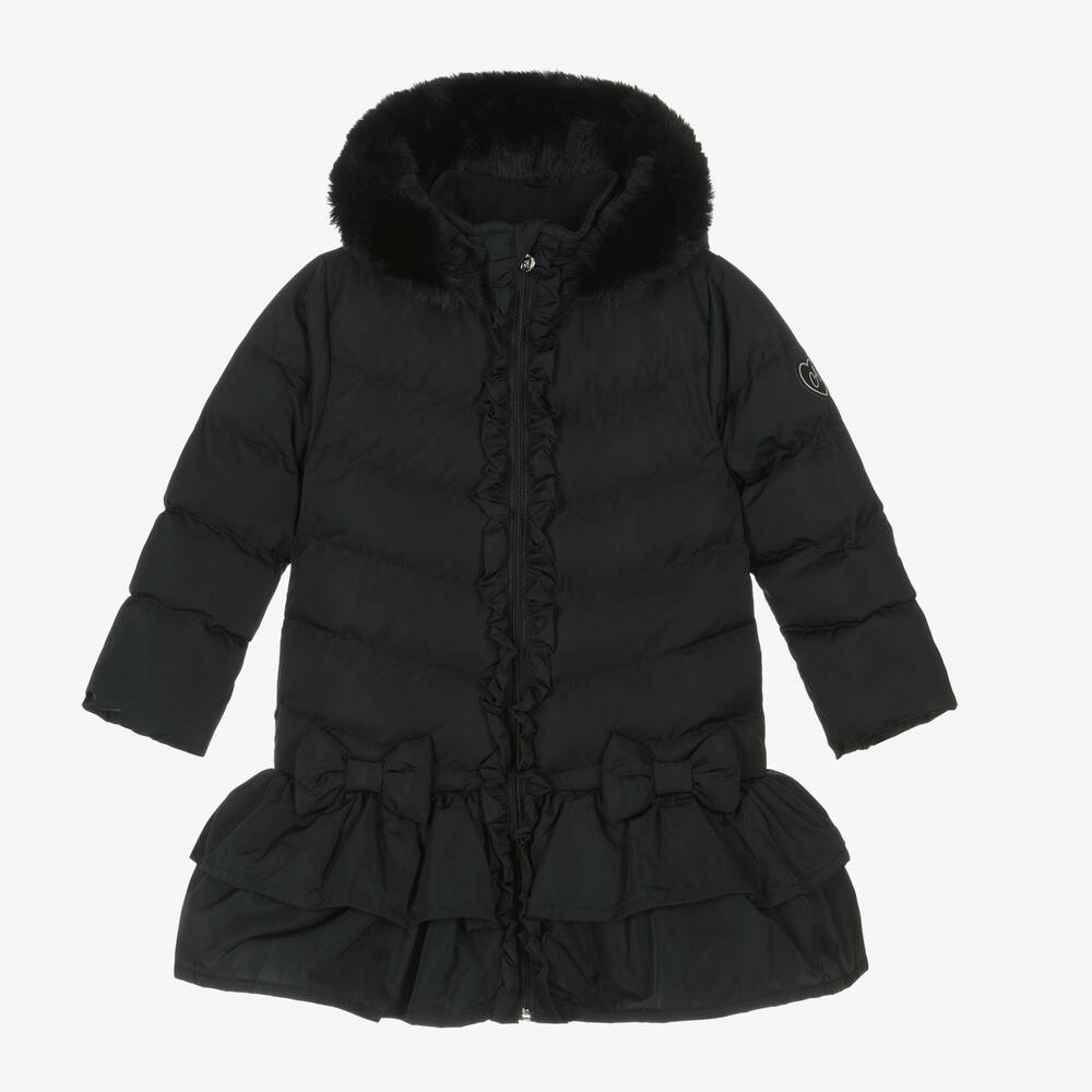 A Dee - Girls Black Padded Ruffle Coat | Childrensalon