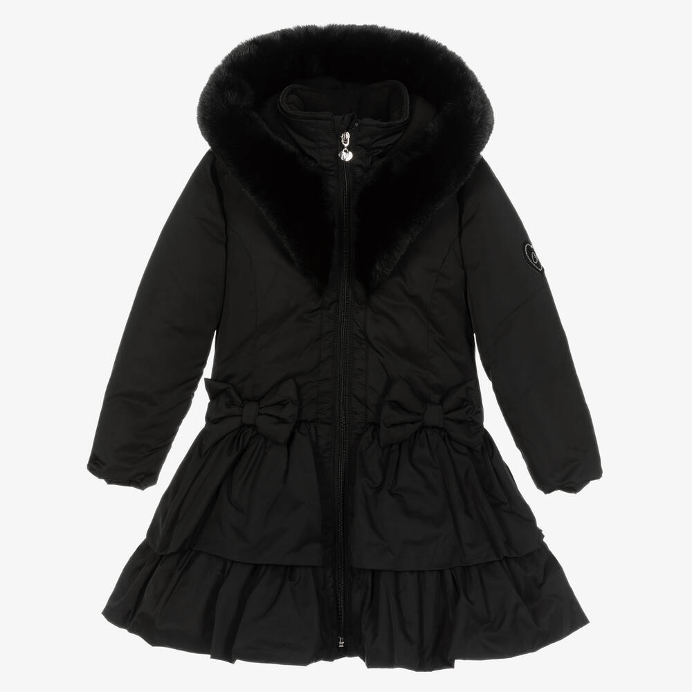 A Dee - Girls Black Padded Ruffle Hooded Coat | Childrensalon