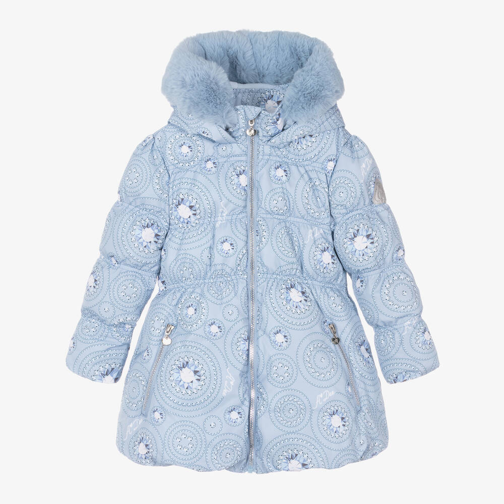 A Dee - Girls Blue Faux Fur Trim Puffer Coat | Childrensalon