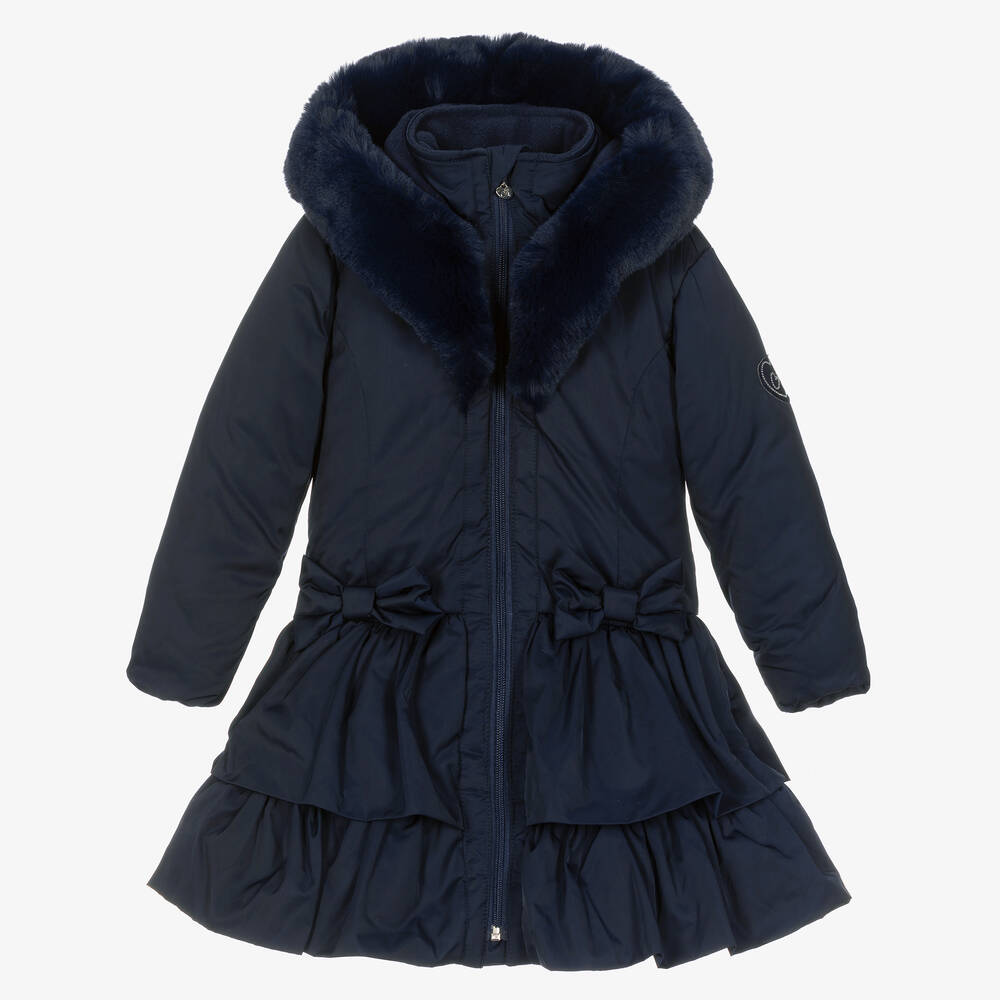 A Dee - Girls Blue Padded Ruffle Hooded Coat | Childrensalon