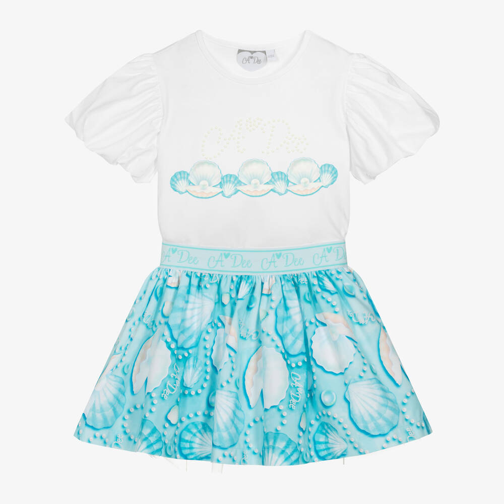 A Dee - Girls Blue Seashell Pearl Print Skirt Set | Childrensalon