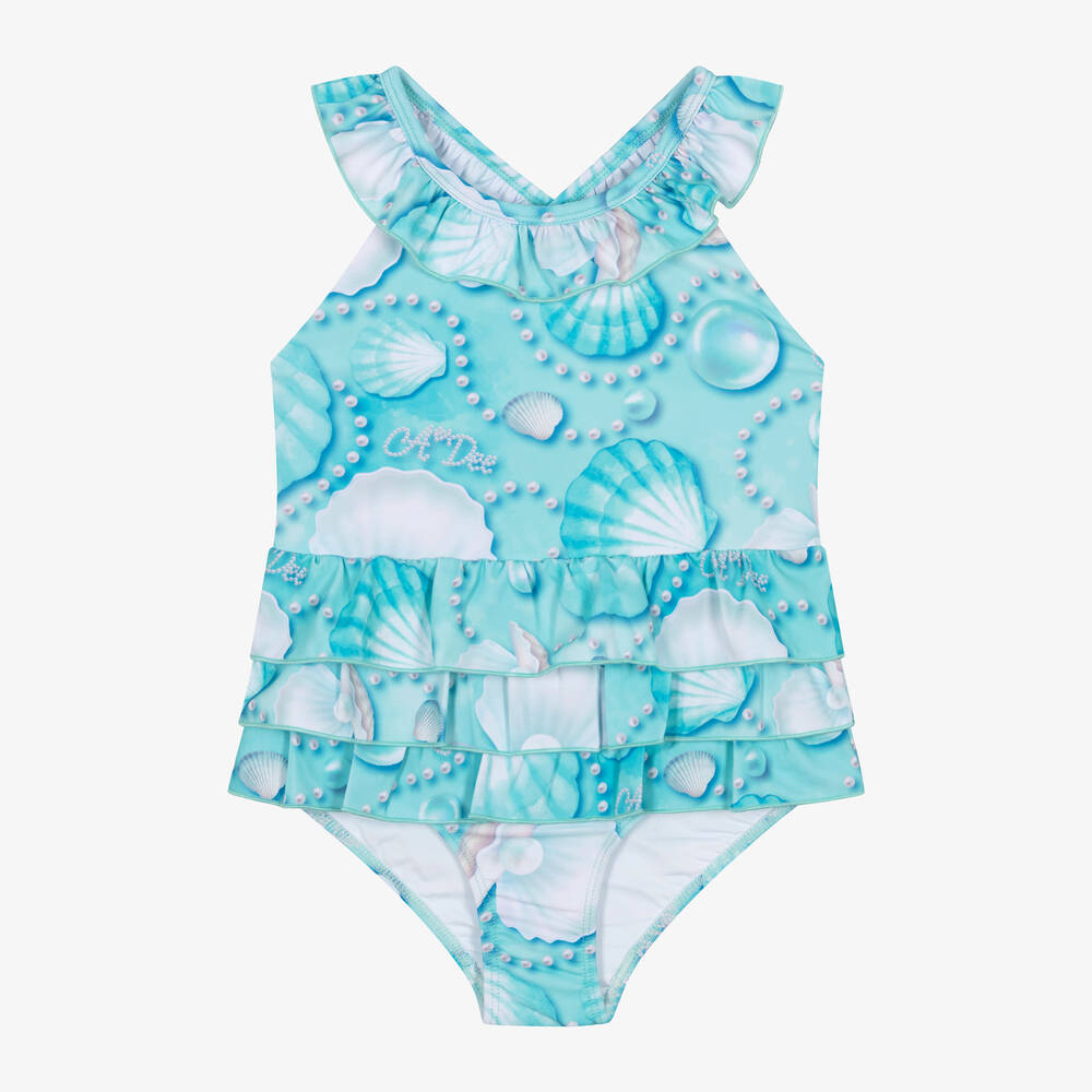A Dee - Girls Blue Seashell & Pearl Swimsuit | Childrensalon