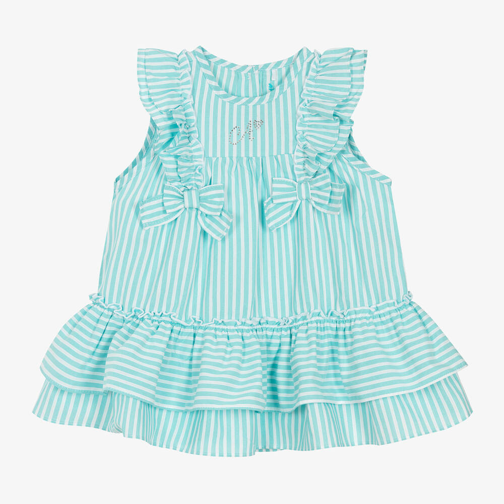 A Dee - Girls Blue Striped Cotton Dress | Childrensalon
