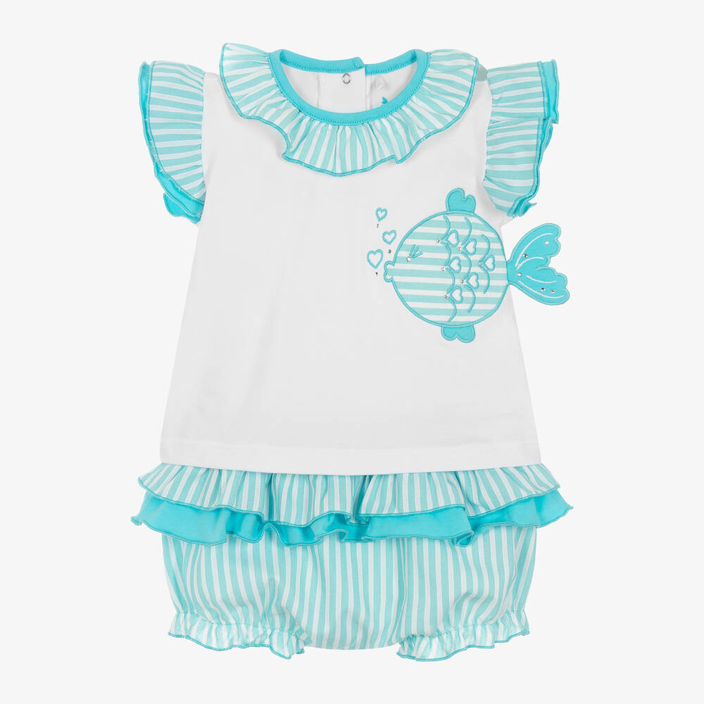 A Dee - Girls Blue Striped Cotton Shorts Set | Childrensalon