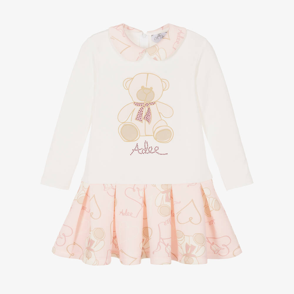 A Dee - Girls Ivory & Pink Teddy Print Dress | Childrensalon