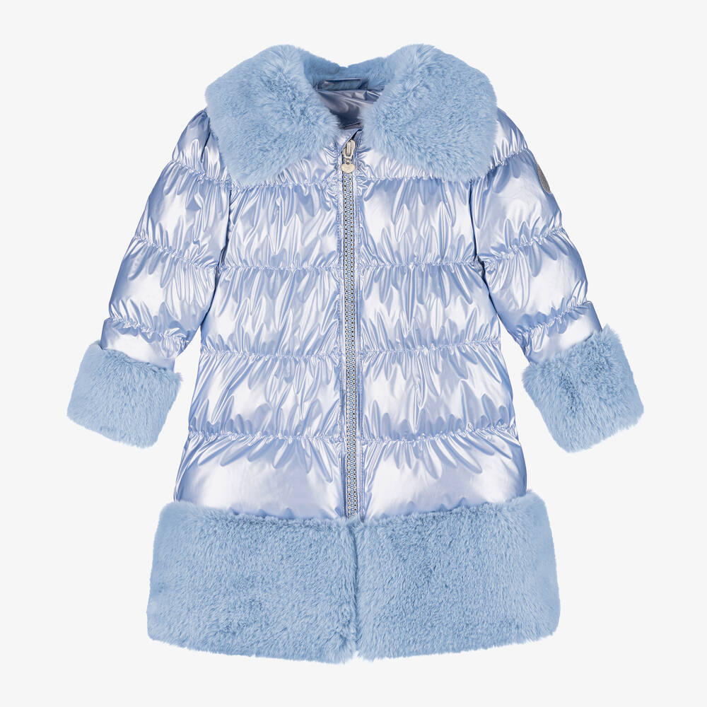 A Dee - Girls Metallic Blue Faux Fur Trim Puffer Coat | Childrensalon