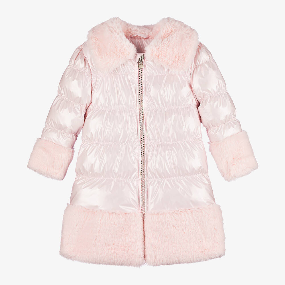 A Dee - Girls Metallic Pink Faux Fur Trim Puffer Coat | Childrensalon