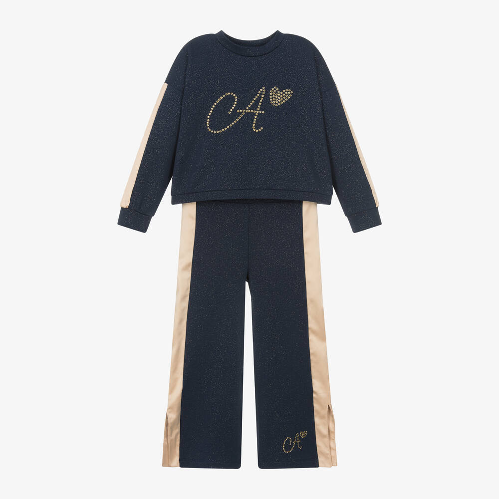 A Dee - Girls Navy Blue & Gold Cotton Trouser Set | Childrensalon