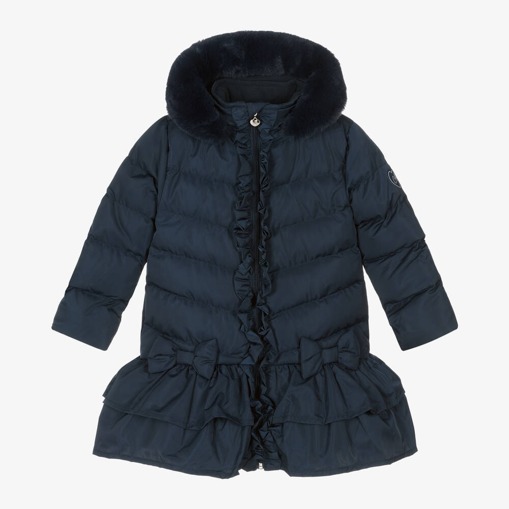 A Dee - Girls Navy Blue Padded Ruffle Coat | Childrensalon