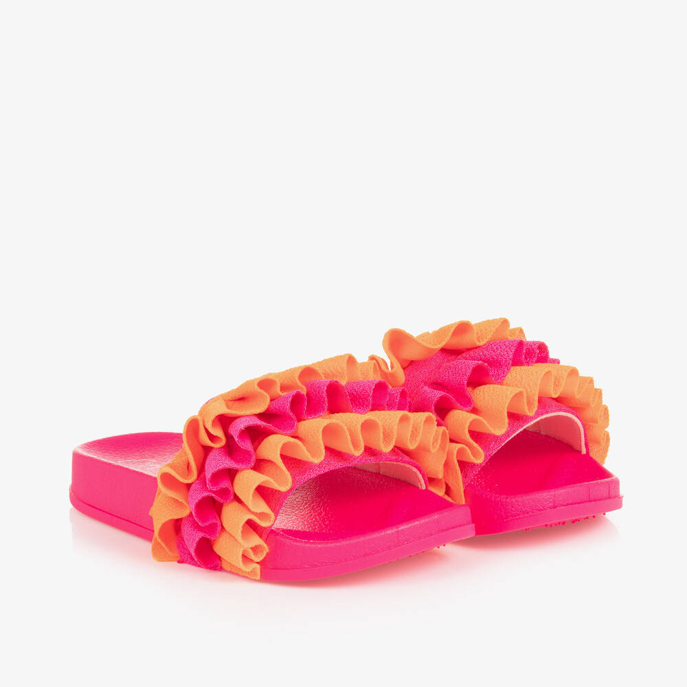 A Dee - Girls Neon Pink Ruffle Sliders | Childrensalon