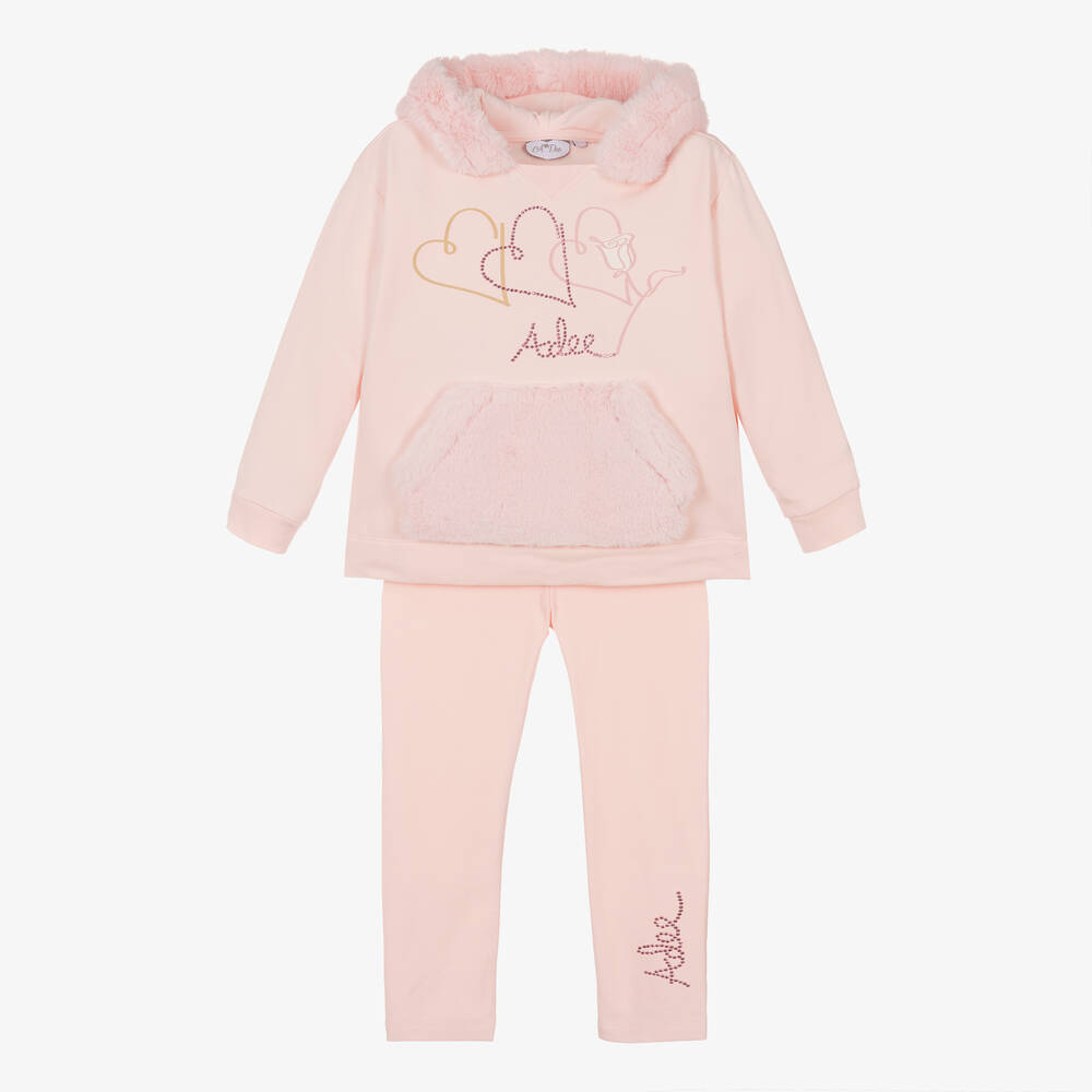 A Dee - Girls Pink Cotton Hooded Leggings Set | Childrensalon