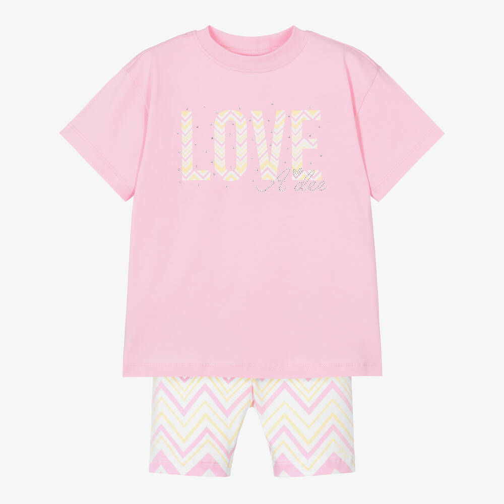 A Dee - Girls Pink Cotton Zigzag Shorts Set | Childrensalon