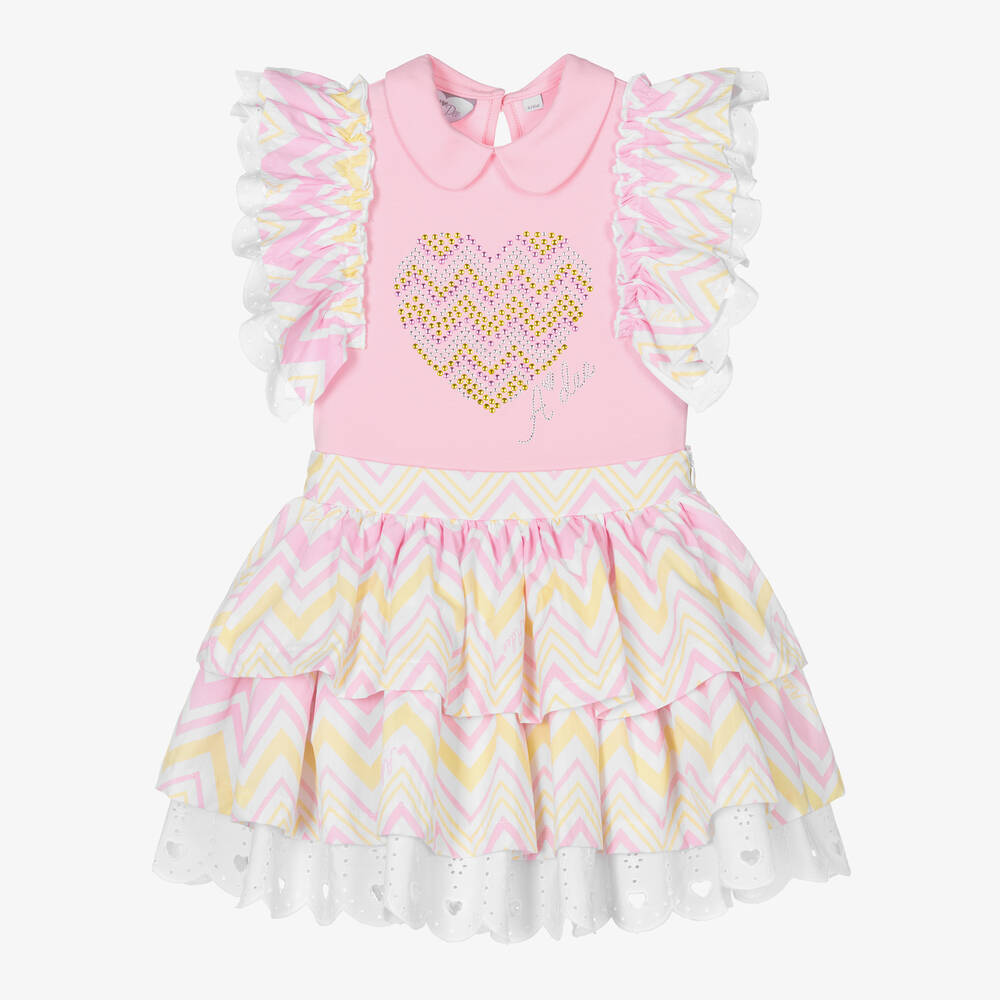 A Dee - Girls Pink Cotton Zigzag Skirt Set | Childrensalon