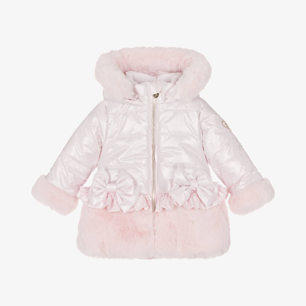 A Dee - Girls Pink Faux Fur Hooded Coat  | Childrensalon