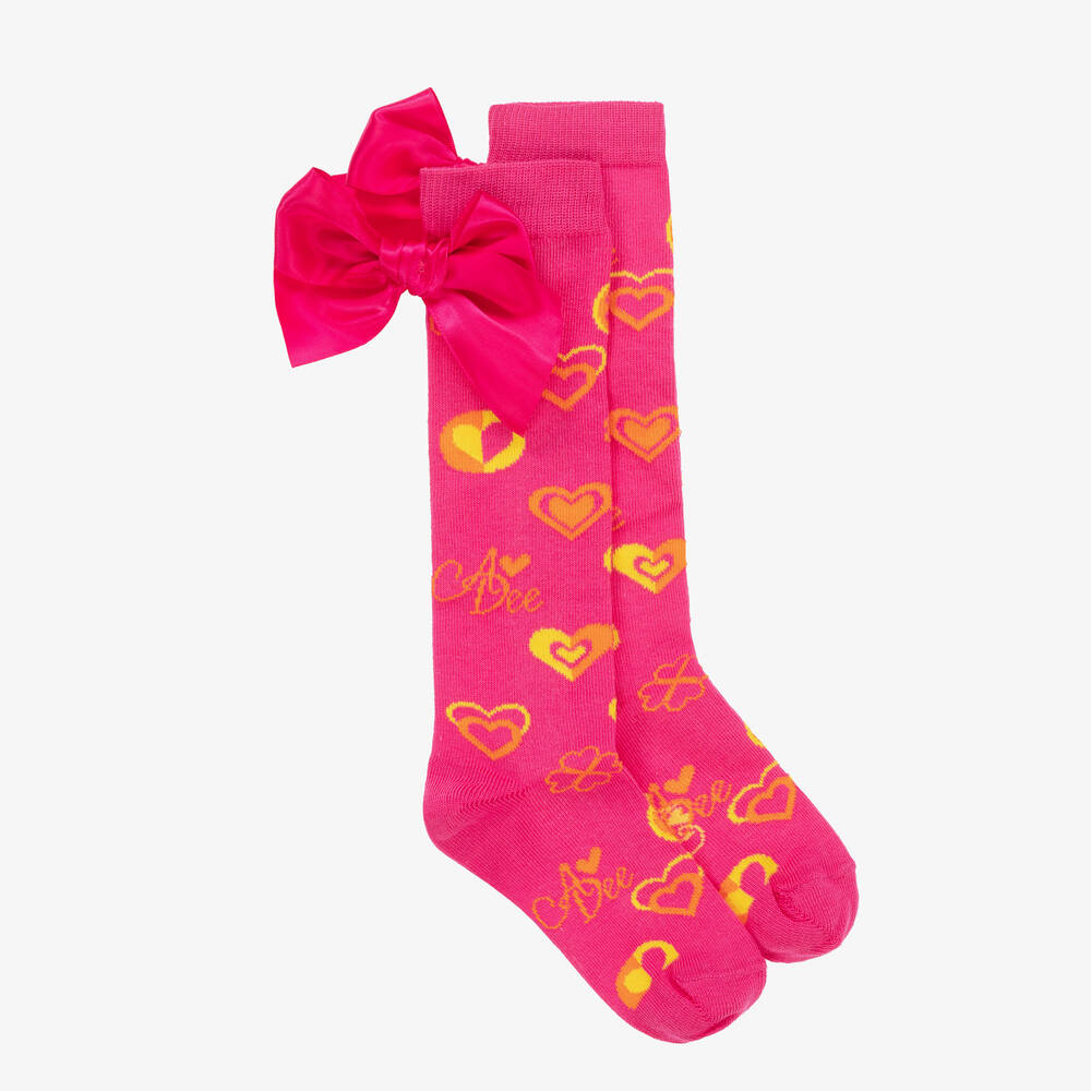 A Dee - Girls Pink Heart & Satin Bow Socks | Childrensalon