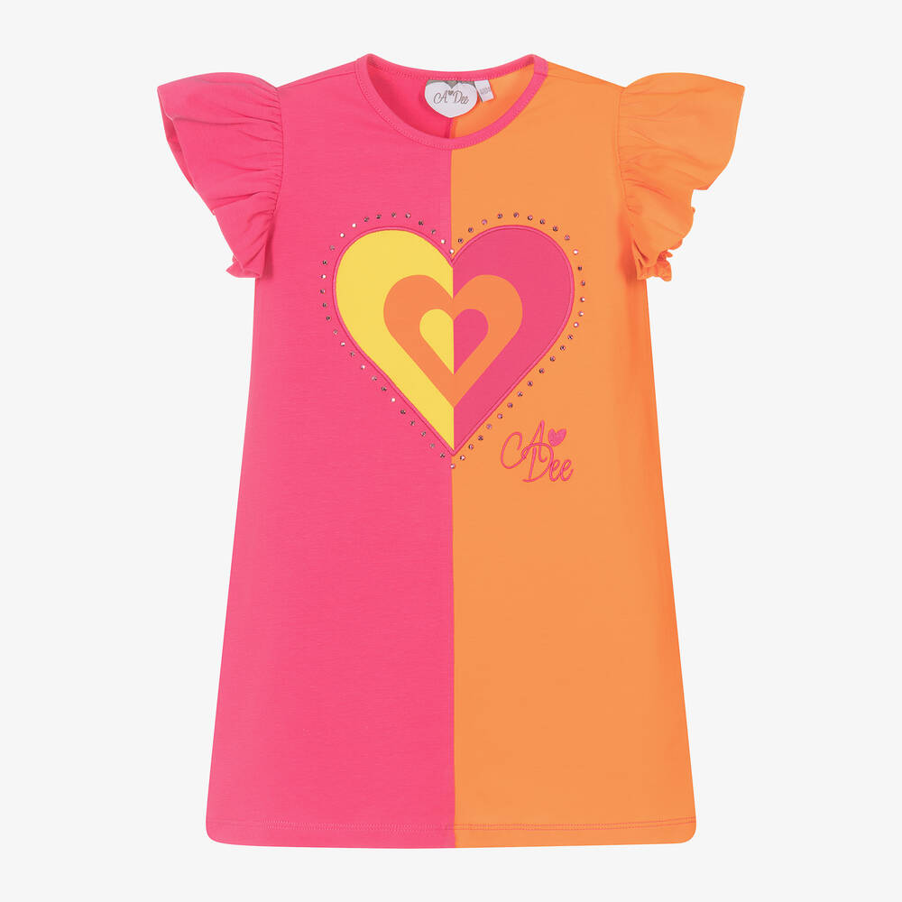 A Dee - Girls Pink & Orange Cotton Heart Dress | Childrensalon