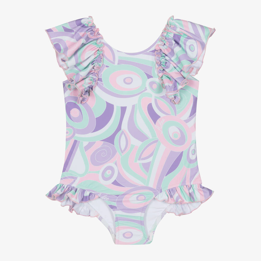 A Dee - Girls Purple Abstract Ruffle Swimsuits | Childrensalon