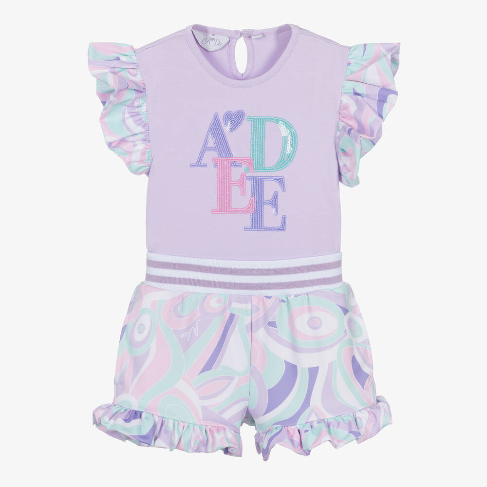 Shop A Dee Girls Purple Cotton Abstract Shorts Set