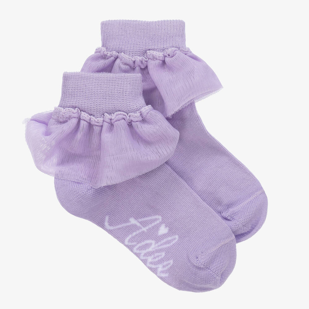 A Dee - Girls Purple Frilly Cotton Socks | Childrensalon