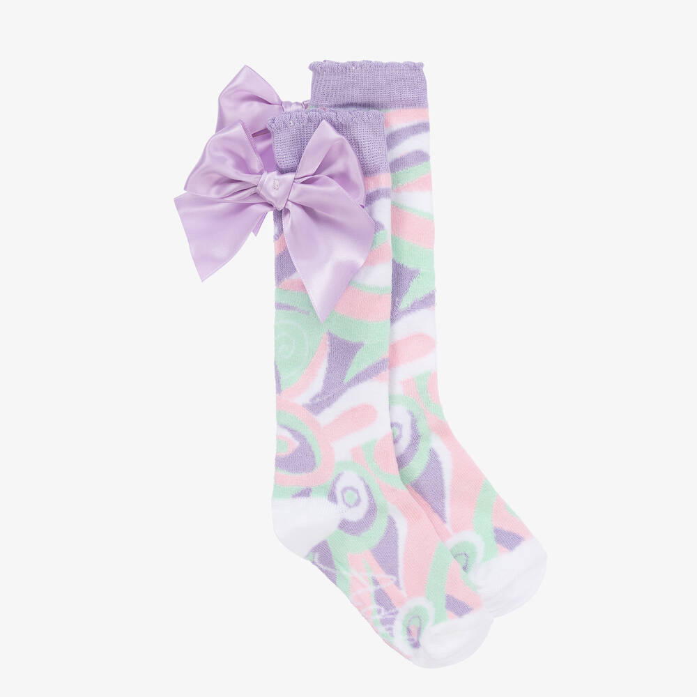 A Dee - Girls Purple Pattern & Satin Bow Socks | Childrensalon