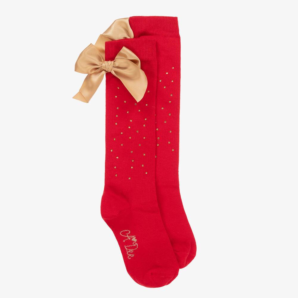 A Dee - Girls Red Diamanté & Bow Knee-High Socks | Childrensalon