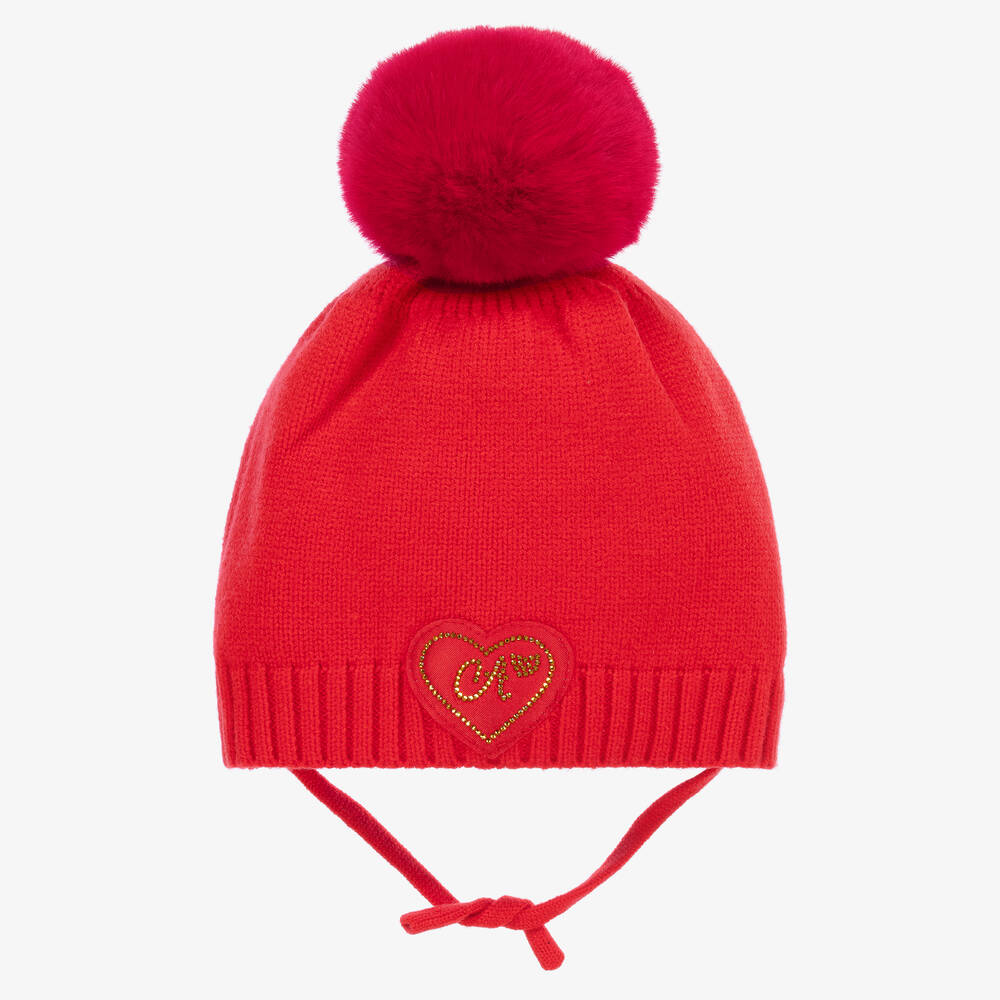 A Dee - Girls Red Knitted Pom-Pom Hat | Childrensalon