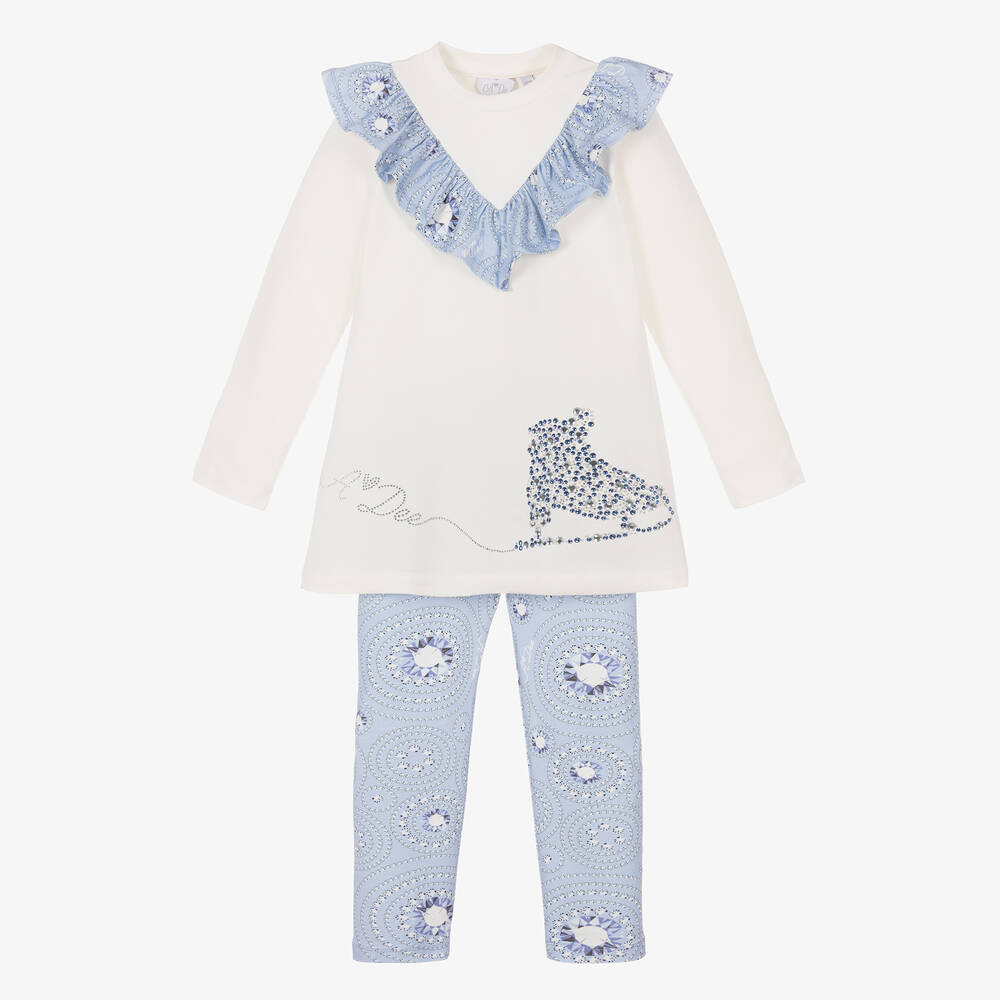 A Dee - Girls White & Blue Cotton Leggings Set | Childrensalon