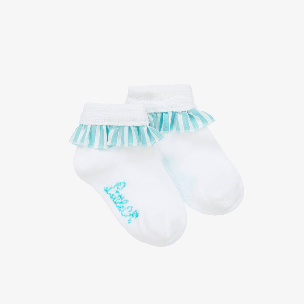A Dee - Girls White & Blue Cotton Socks | Childrensalon