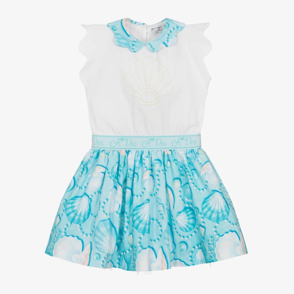 A Dee - Girls White & Blue Seashell Dress | Childrensalon